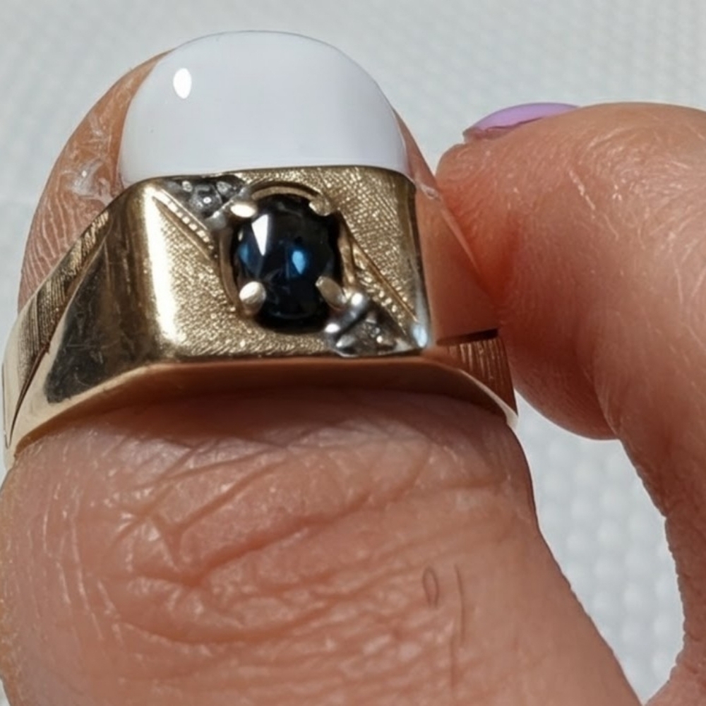 Vtg 1912 Weinman brothers 10k solid gold blue sapphire ring 3.7g. diamond accent
